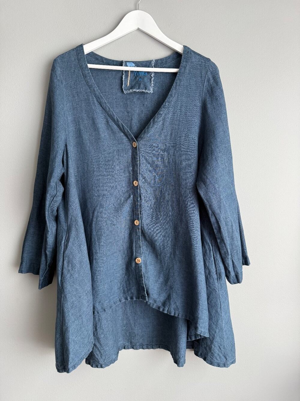 Yuvita Women 100% Linen Tunic Top Sz M Slate Blue V-Neck Boho Cottagecore